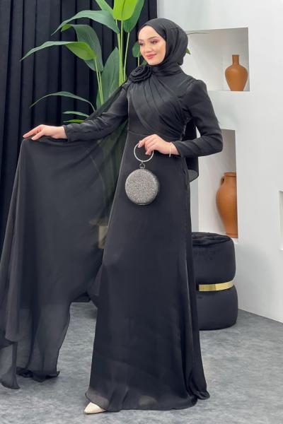Omzu Güllü Parlak Abiye Siyah