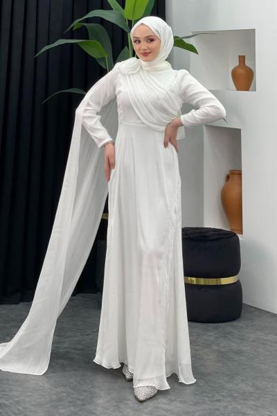 Omzu Güllü Parlak Abiye Beyaz