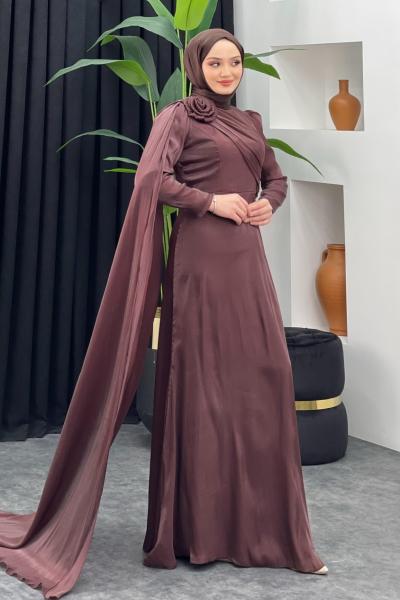 Omzu Güllü Parlak Abiye Acı Kahve