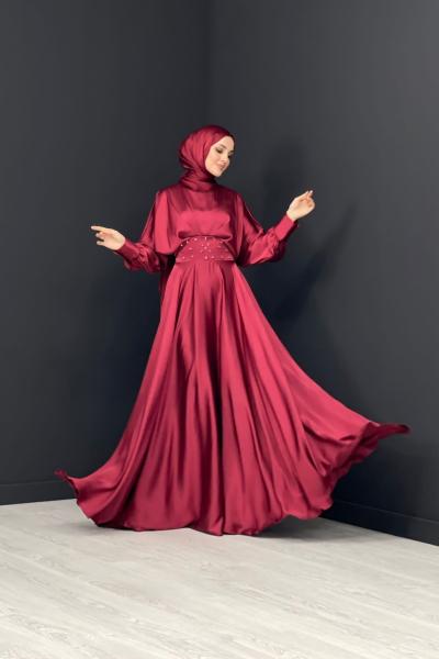 Önü Taşlı Abiye Bordo