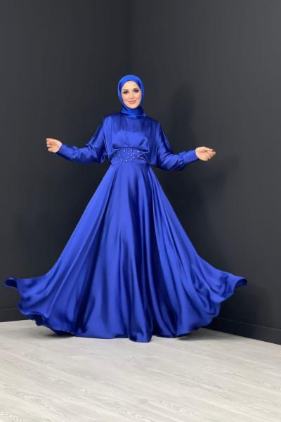 Önü Taşlı Abiye Saks Mavisi