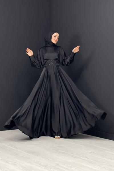 Önü Taşlı Abiye Siyah