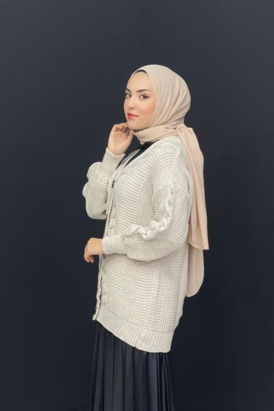 Örgü Desenli Hırka Taş Rengi