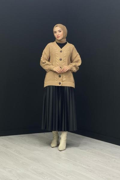 Örgü Desenli Hırka Sütlü Kahve