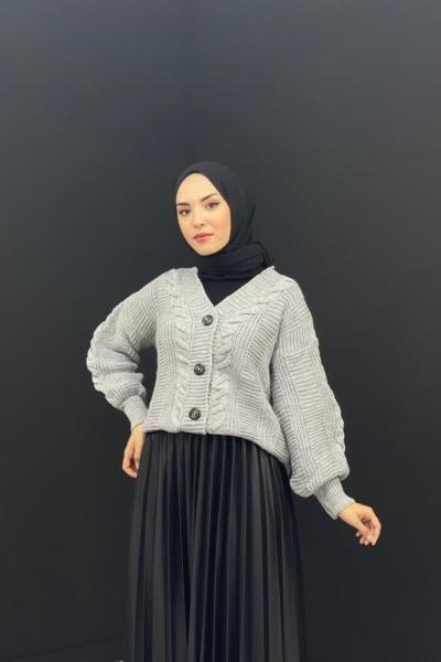 Örgü Desenli Hırka Gri