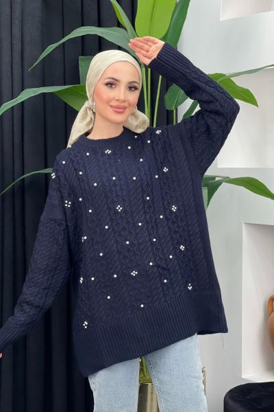 Örgülü İncili Kazak Siyah