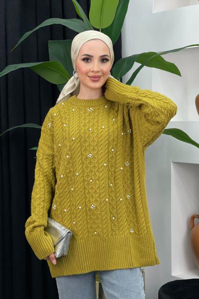 Örgülü İncili Kazak Yağ Yeşili