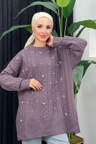 Örgülü İncili Kazak Mor