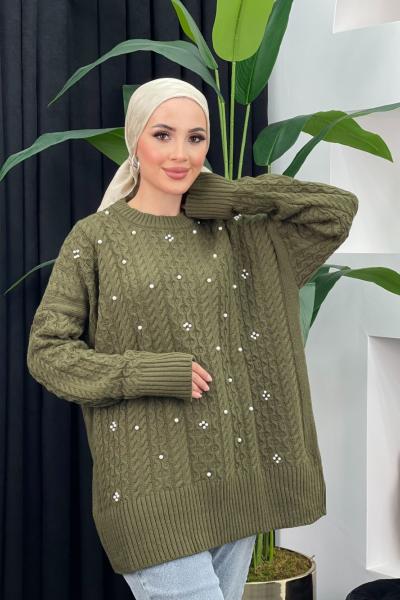 Örgülü İncili Kazak Asker Yeşili