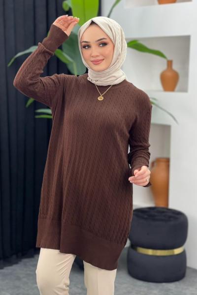 Örgülü Merserize Tunik Kahverengi