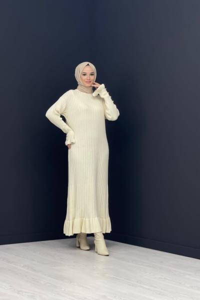 Örme Triko Elbise Ekru/Beyaz