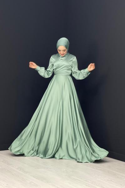 Pelin Çapraz Saten Abiye Mint Yeşili