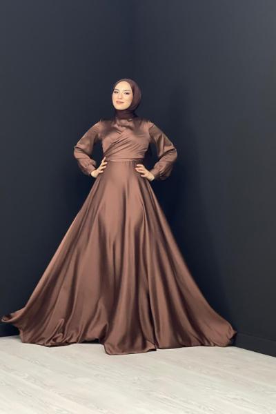 Pelin Çapraz Saten Abiye Kahverengi