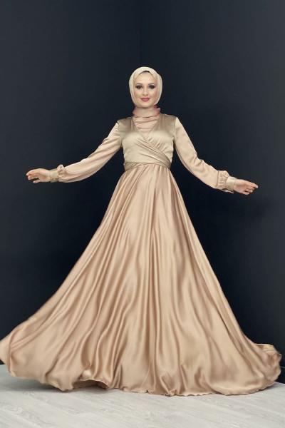 Pelin Çapraz Saten Abiye Bej