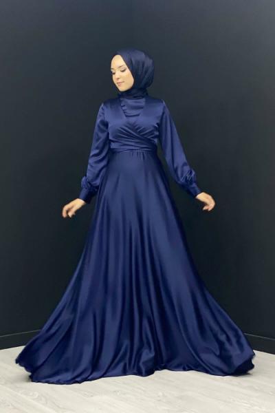 Pelin Çapraz Saten Abiye Lacivert