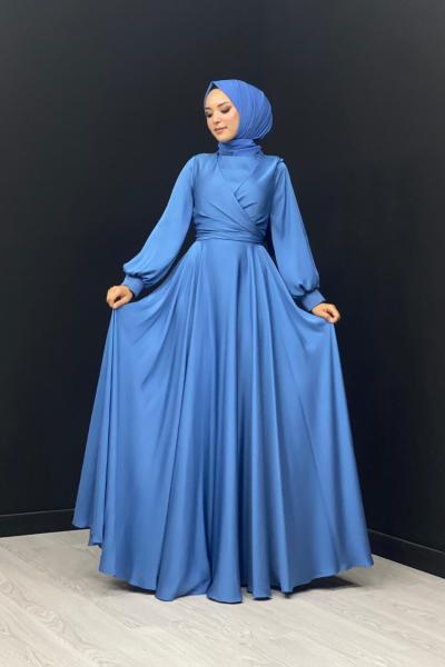 Pelin Çapraz Saten Abiye Mavi