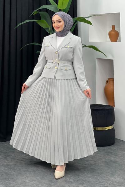 Piliseli Krep Takım Gri