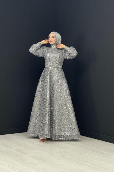 Pırıltı Kabarık Abiye Gri