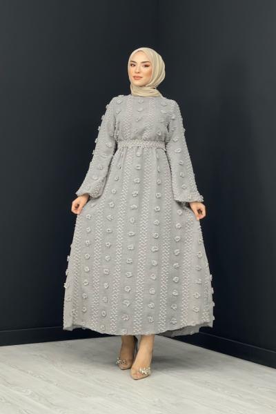 Ponpon Çiçekli Elbise Gri