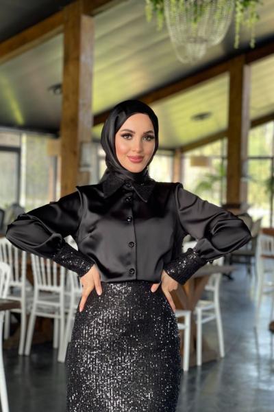 Pullu Saten Etekli Takım Siyah