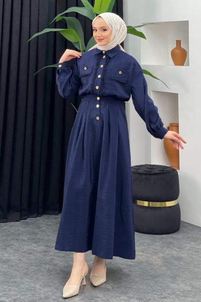 Püskül Detaylı Etekli Takım Lacivert