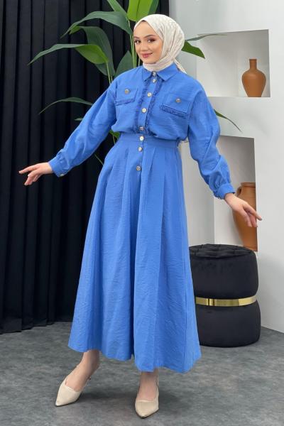 Püskül Detaylı Etekli Takım Bebe Mavisi