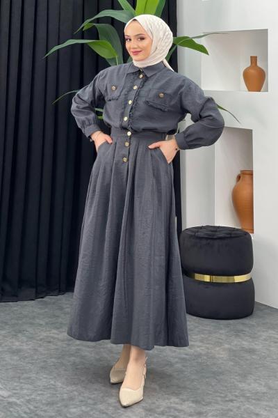 Püskül Detaylı Etekli Takım Antrasit