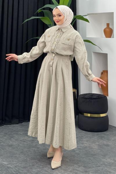 Püskül Detaylı Etekli Takım Taş Rengi
