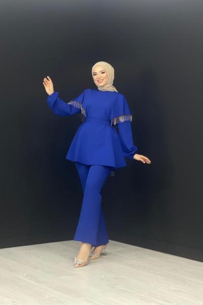 Püsküllü Takım Saks Mavisi