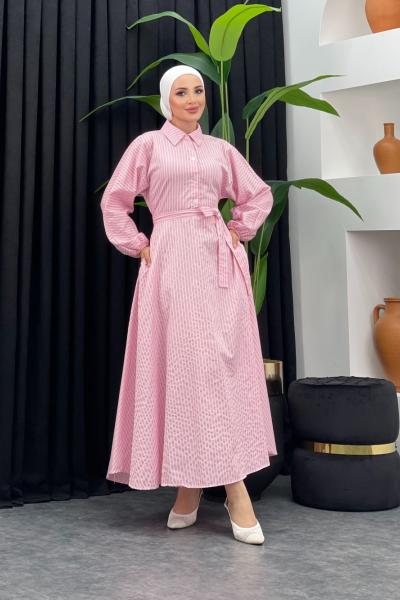 Rekor Çizgili Elbise Pembe