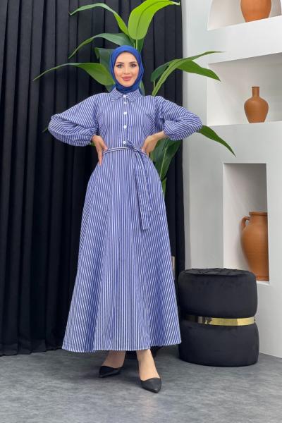 Rekor Çizgili Elbise Saks Mavisi