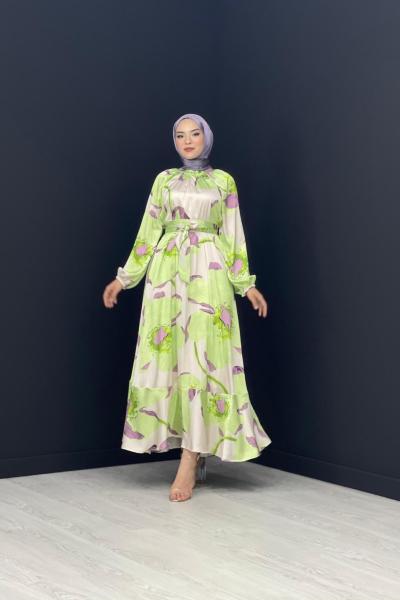 Rengarenk Saten Elbise Yeşil