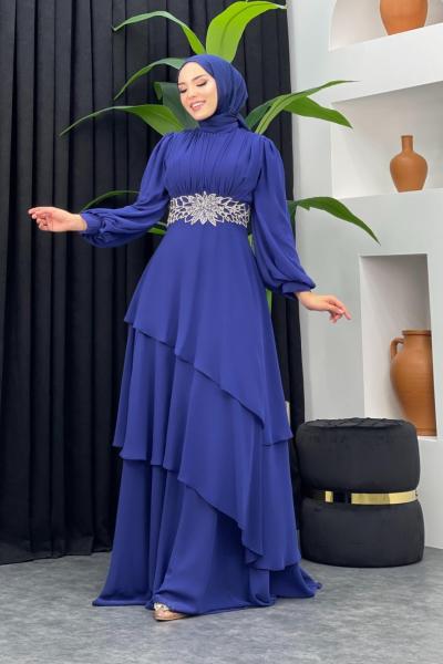 Sadakat Şifon Abiye Saks Mavisi