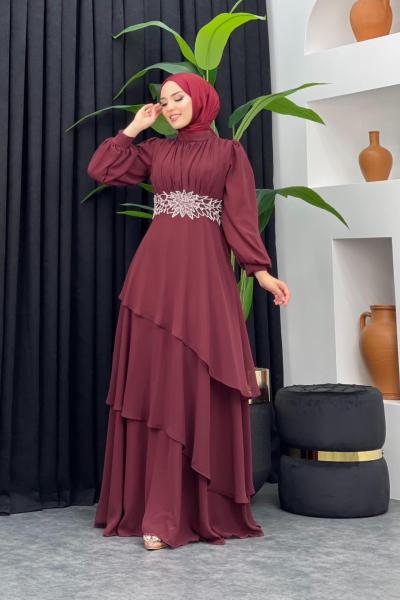 Sadakat Şifon Abiye Bordo