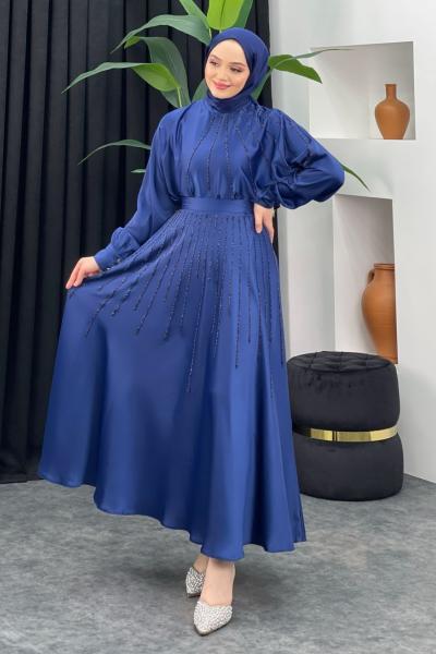 Saten Abiye Etekli Takım Lacivert