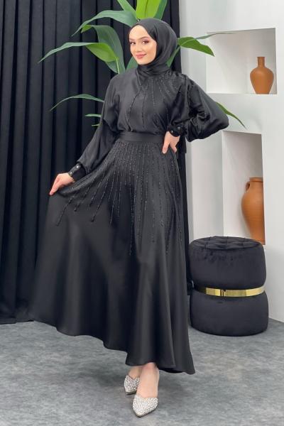 Saten Abiye Etekli Takım Siyah