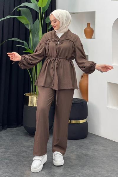 Sena Pantolonlu Takım Kahverengi