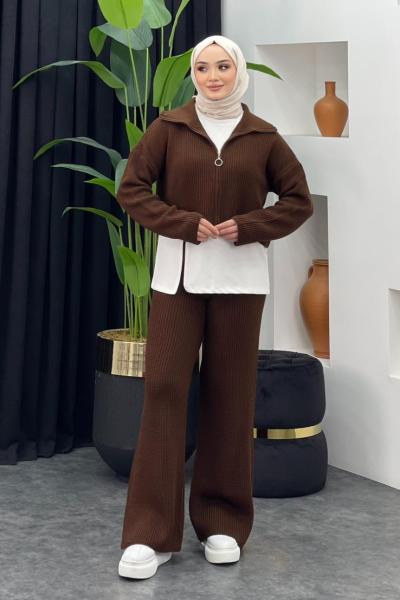 Seren Üçlü Triko Takım Kahverengi