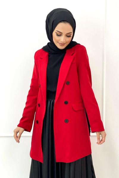 Siyah Düğmeli Blazer Ceket Kırmızı