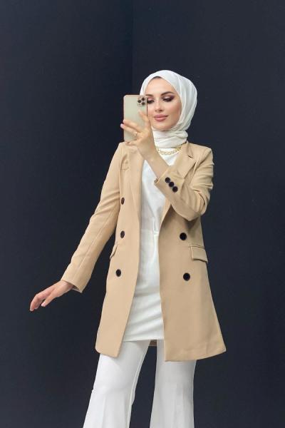 Siyah Düğmeli Blazer Ceket Sütlü Kahve