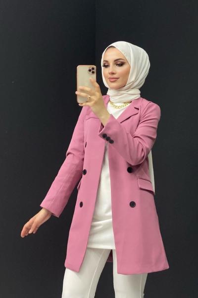 Siyah Düğmeli Blazer Ceket Pembe