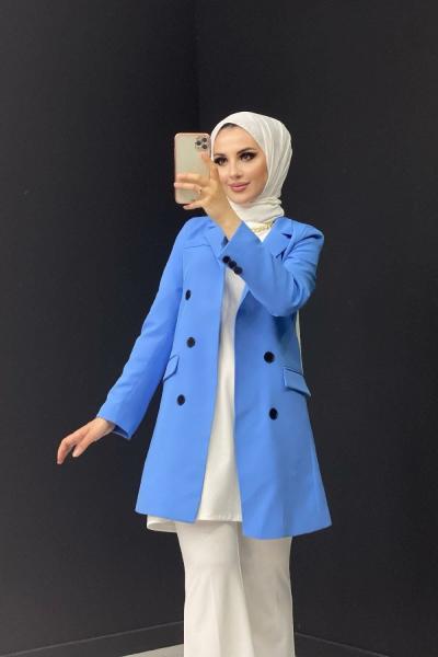 Siyah Düğmeli Blazer Ceket Mavi