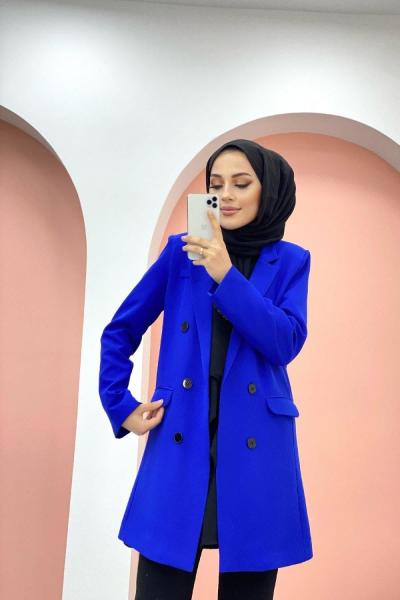 Siyah Düğmeli Blazer Ceket Saks Mavisi