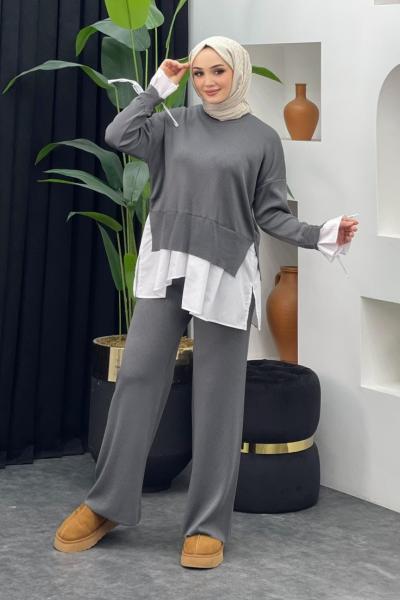 Truva Merserize Gömlek Takım Gri