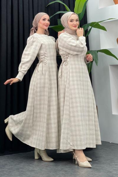 Tüvit Bağcıklı Elbise Taş Rengi