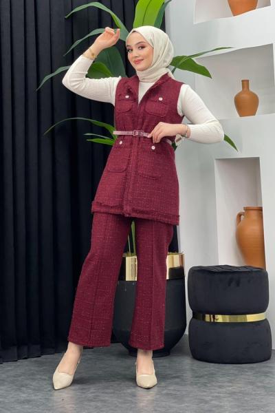 Tüvit Pantolonlu Takım Bordo
