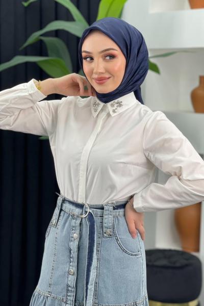 Yakası Taşlı Gömlek Beyaz
