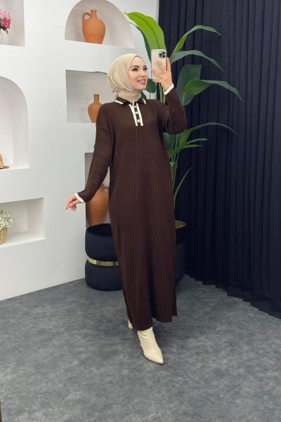 Yarım Düğmeli Triko Elbise Kahverengi