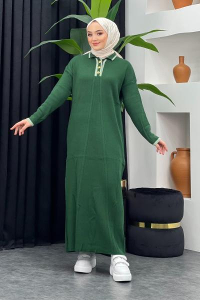 Yarım Düğmeli Triko Elbise Zümrüt