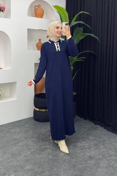 Yarım Düğmeli Triko Elbise Lacivert